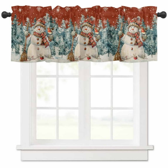 Christmas Snowman Valances for Windows, Robin Pine Tree Snowflakes Red Retro Light Filtering Window Treatment Valances, Rod Pocket Small Curtains for Kitchen/Bathroom, 60"x14"