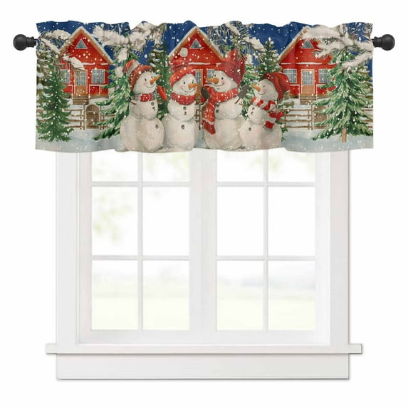 Christmas Snowman Valances for Windows Snow Red Barn Xmas Tree Blue Background Rod Pocket Curtain Valance Window Treatment Short Curtains for Kitchen Living Room, 42"x18"