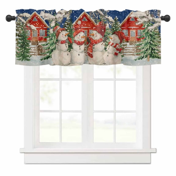 Christmas Snowman Valances for Windows Snow Red Barn Xmas Tree Blue Background Rod Pocket Curtain Valance Window Treatment Short Curtains for Kitchen Living Room, 60"x18"