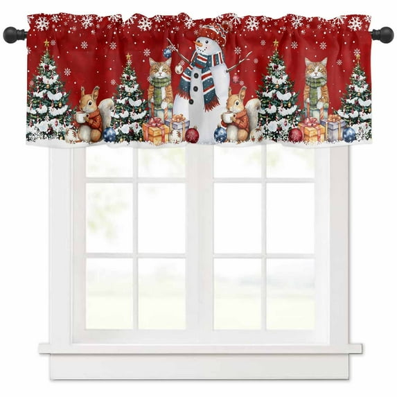 Christmas Snowman Valances for Windows, Squirrel Cat Winter Tree Snowflake Red Light Filtering Window Treatment Valances, Rod Pocket Small Curtains for Kitchen/Bathroom, 42"x18"
