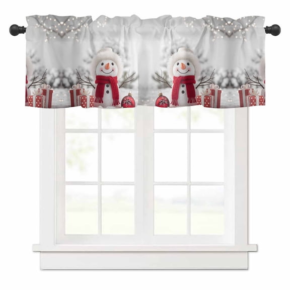 Christmas Snowman Valances for Windows White Snowman Scarf Hat Box Snow Scene Rod Pocket Curtain Valance Window Treatment Short Curtains for Kitchen Living Room, 42"x12"