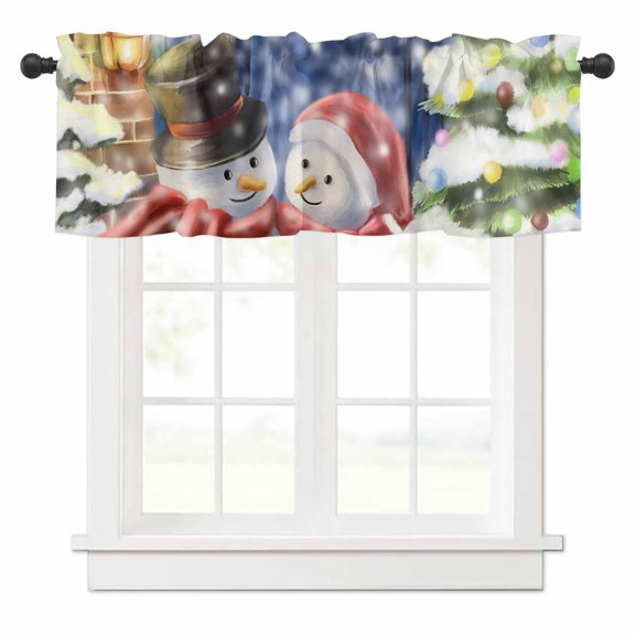 Christmas Snowman Valances for Windows Winter Snow Dreamy Illustration Rod Pocket Curtain Valance Window Treatment Short Curtains for Kitchen Living Room, 42"x18"