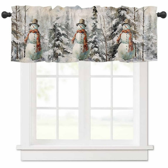 Christmas Snowman Valances for Windows, Winter Snow Forest Xmas Tree Light Filtering Window Treatment Valances, Rod Pocket Small Curtains for Kitchen/Bathroom, 42"x12"