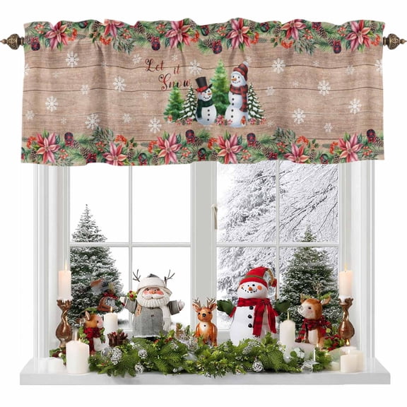 Christmas Snowman Valances for Windows, Winter Snow Pine Fruit Berries Flowers Wooden Texture Rod Pocket Valance Short Window Treatments Curtains for Kitchen Bathroom Bedroom Decor, 56 x 16 In