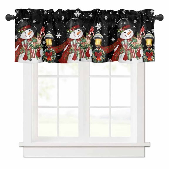 Christmas Snowman Valances for Windows Xmas Box Winter Snow Wreaths Lights Black Rod Pocket Curtain Valance Window Treatment Short Curtains for Kitchen Living Room, 54"x18"