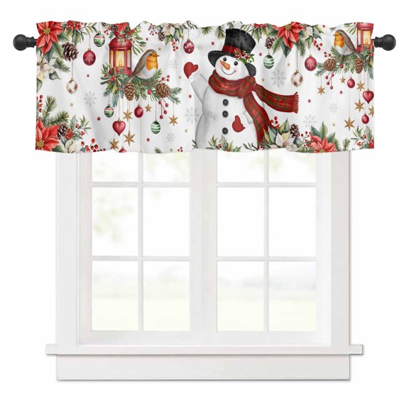 Christmas Snowman Valances for Windows Xmas Poinsettia Birds Balls Snowflake Rod Pocket Curtain Valance Window Treatment Short Curtains for Kitchen Living Room, 42"x12"