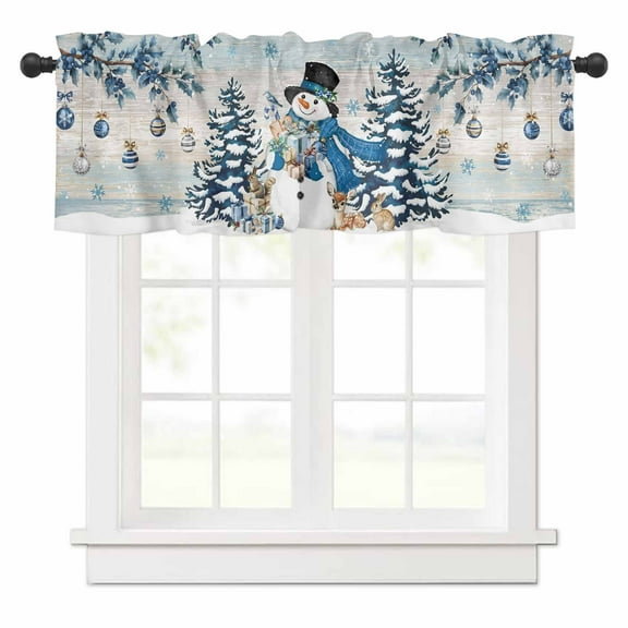 Christmas Snowman Valances for Windows Xmas Tree Branches Balls Deer Wooden Rod Pocket Curtain Valance Window Treatment Short Curtains for Kitchen Living Room, 58"x16"