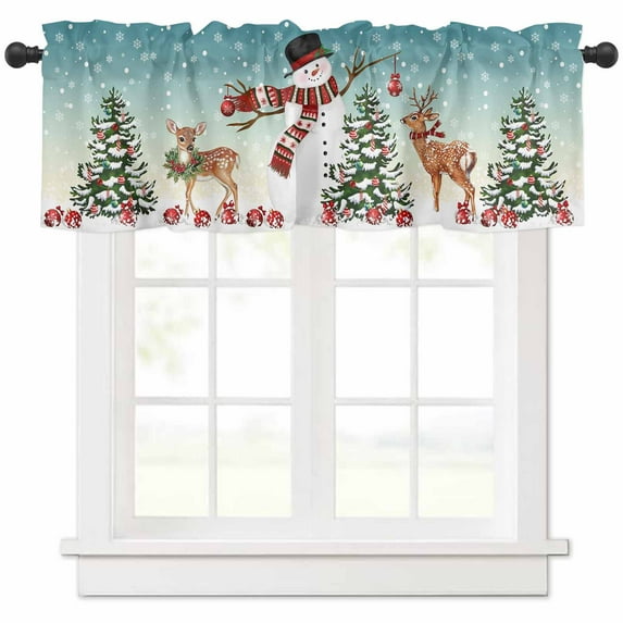 Christmas Snowman Valances for Windows, Xmas Tree Deer Teal Winter Ombre Snow Scene Light Filtering Window Treatment Valances, Rod Pocket Small Curtains for Kitchen/Bathroom, 56"x16"