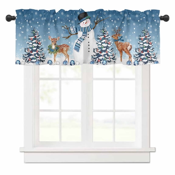 Christmas Snowman Valances for Windows Xmas Tree Deer Winter Blue Ombre Snow Scene Rod Pocket Curtain Valance Window Treatment Short Curtains for Kitchen Living Room, 60"x14"