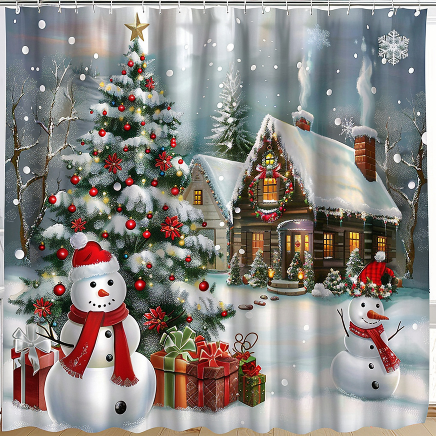 Christmas Snowman Village Shower Curtain Snowmen Trees Presents Old