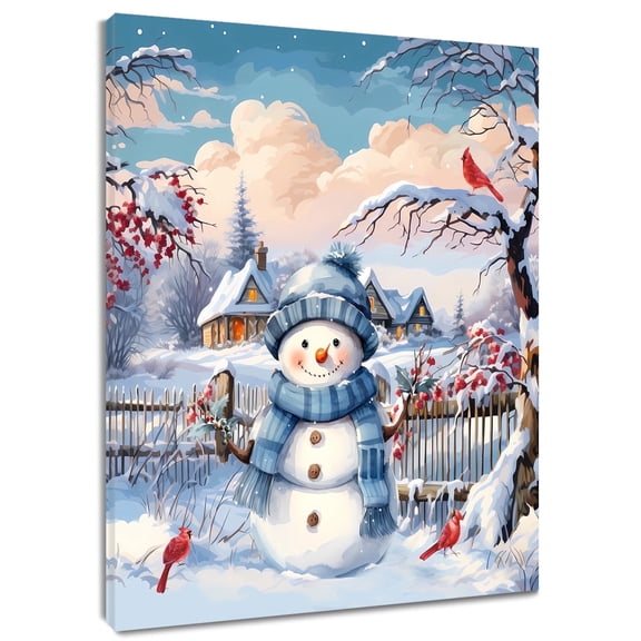 Snowman Christmas Winter Wall Art, Blue Snowman and Cardinal Snow Canvas Wall Art, Winter Scene Framed Wall Art for Living Room Bathroom Bedroom Kitchen Ready to Hang, 12X16 Inches