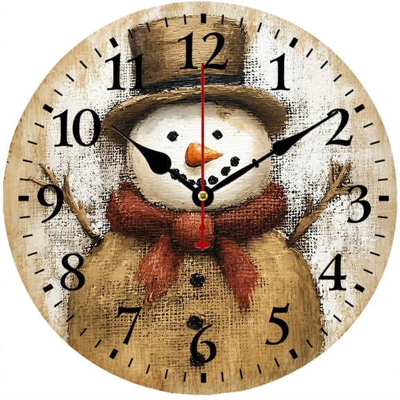 Christmas Snowman Wall Clock, 9.84 Inch Rustic Farmhouse Analog Clock with Large Numbers, Vintage Winter Holiday Wall Decor for Kitchen Living Room Bedroom