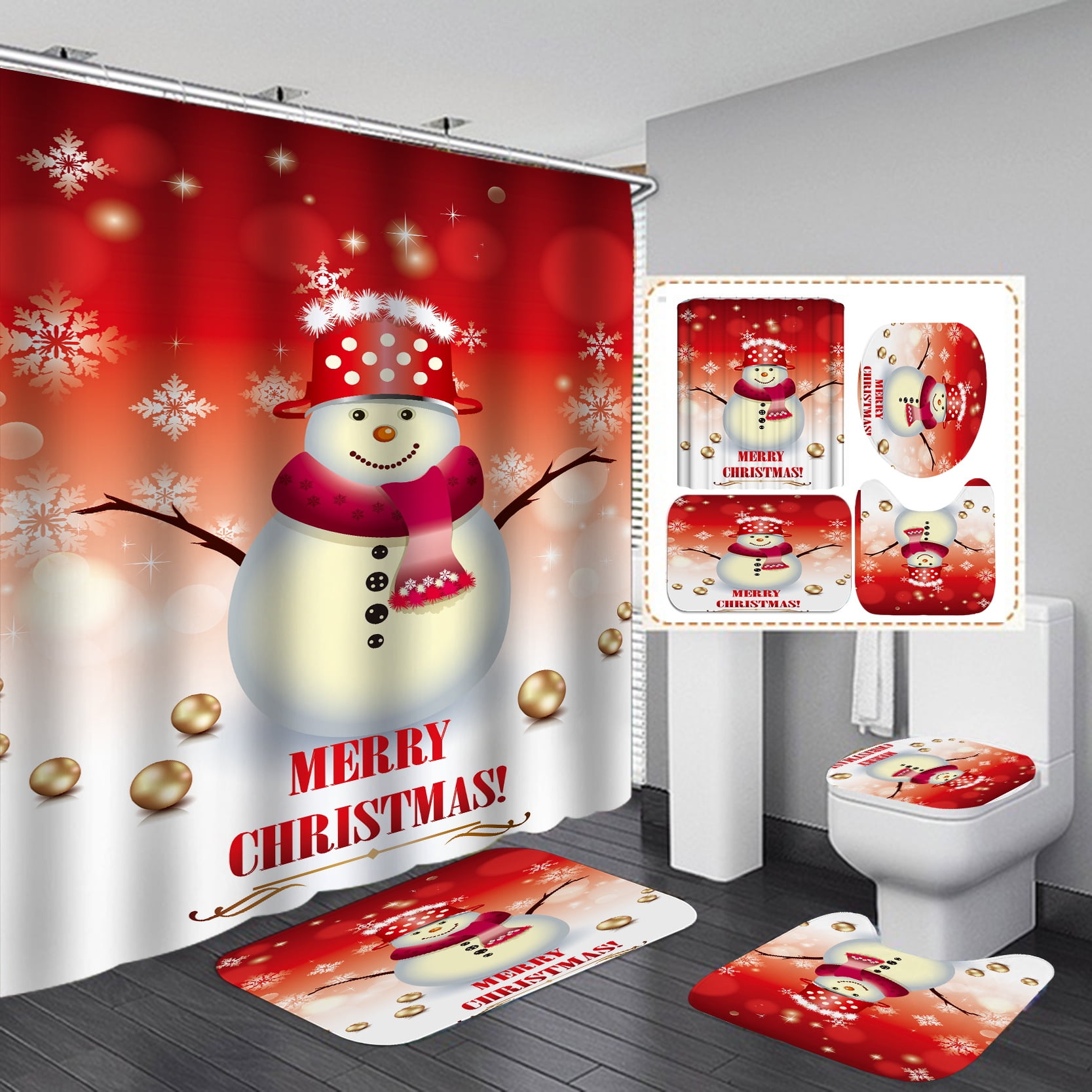 Christmas Snowman Waterproof Shower Curtain, with NonSlip Rugs, Toilet