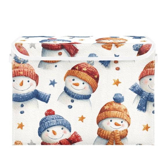 Christmas Snowman Wear Scarf Hat with Stars Foldable Storage Bins with Lids Handles Collapsible Storage Containers Tote Boxes 16.5 x 12.6 x 11.8 inches