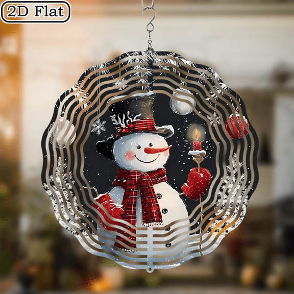 Christmas Snowman Wind Spinner 3D, 10 Inch Sided Circle Hanging Wind Spinners, Winter Xmas Tree Snowflake Ball Ornaments Black Garden Art Wind Sculpture for Yard Porch, Thanksgiving Day, Ideal for