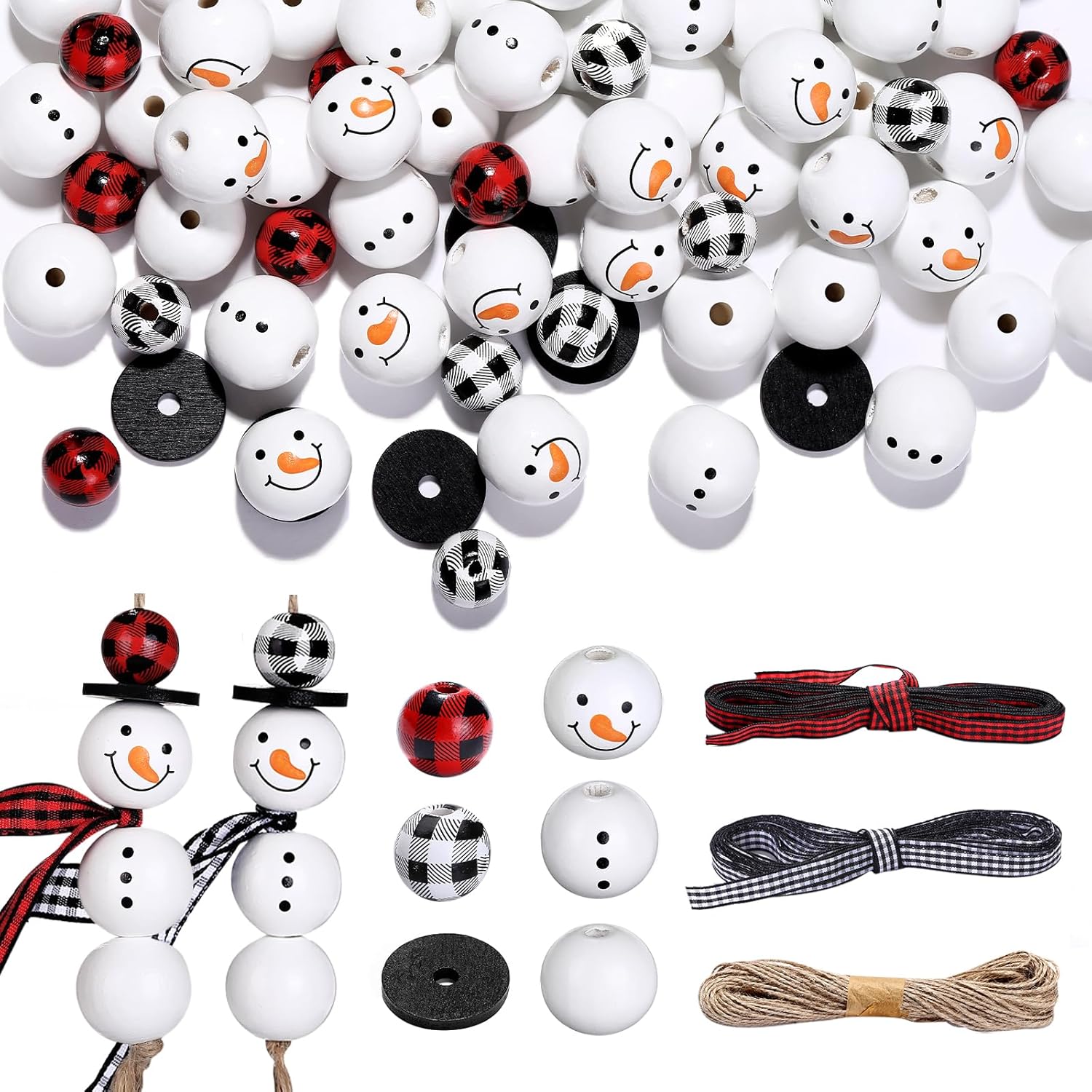120 PCS Snowmen Wooden Beads - Christmas Buffalo Plaid Green Red Beads With Twine Scarves For DIY Crafts