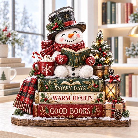 Christmas Snowman Wooden Block Book Lover Decor Rustic Winter Decoration for Home