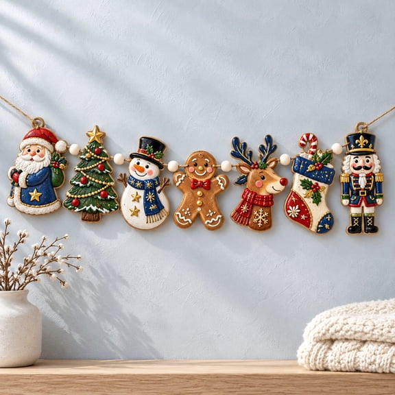 Christmas Snowman Wooden Garland, Rustic Mantel Decor for Holiday