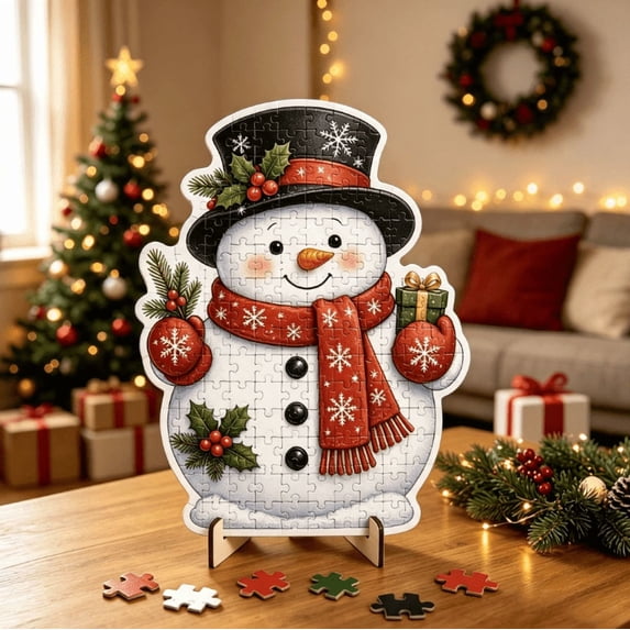 Christmas Snowman Wooden Jigsaw Puzzle for Adults, Colorful Holiday Puzzle (8.2x8.2 Inch) for Anniversary Birthday Gift
