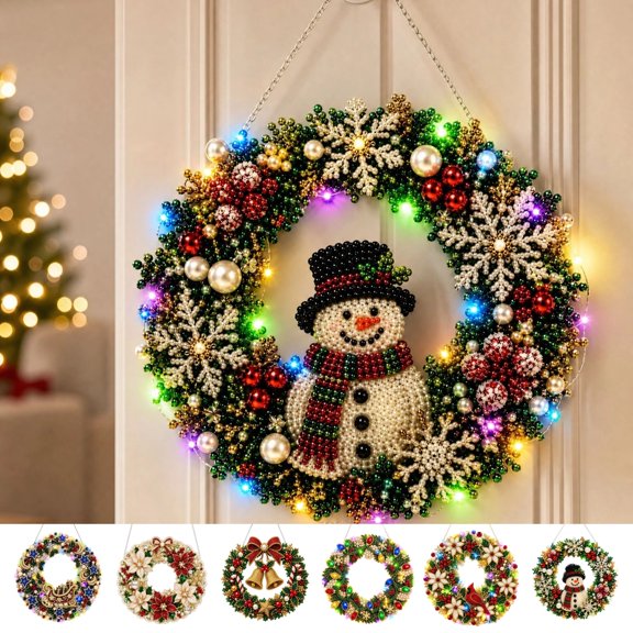 Christmas Snowman Wreath Diamond Painting Art Kits with LED String Lights Xmas DIY Holiday Home Hanging Ornaments, Craft Kit for Adults and Beginners