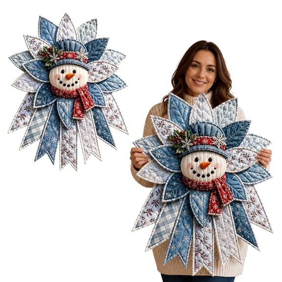 Christmas Snowman Wreath, Quilted Fabric Snowman Front Door Wreath with Scarf Hat Berries, Farmhouse Winter Wreath for Wall Window Entryway, Christmas Decorations Indoor Outdoor Holiday Home Decor