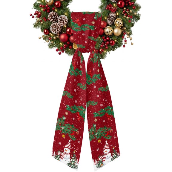Christmas Snowman Wreath Sash for Front Door Classic Winter Christmas Tree Red Ribbon Sash, Winter Holiday Wreath Accessories for Yard Porch Doorway Decor , Indoor Outdoor, 4.9 x 56 Inches