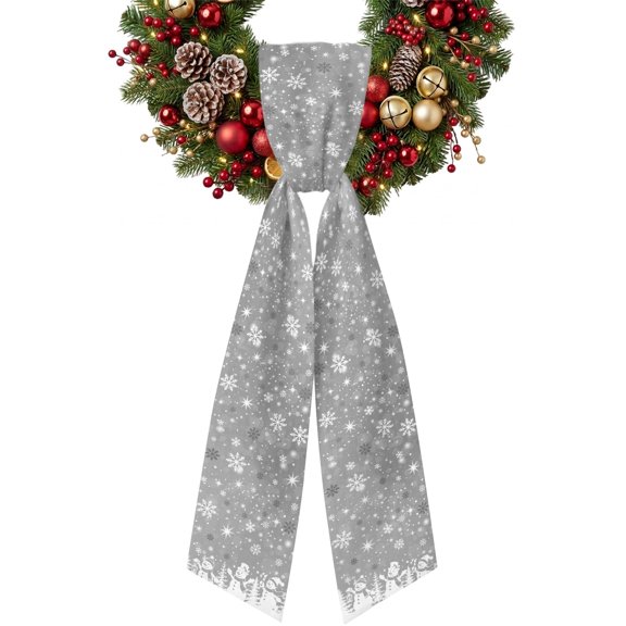Christmas Snowman Wreath Sash for Front Door Grey and White Winter Night Xmas Tree Snow Ribbon Sash, Winter Holiday Wreath Accessories for Yard Porch Doorway Decor , Indoor Outdoor, 4.9 x 56 Inches