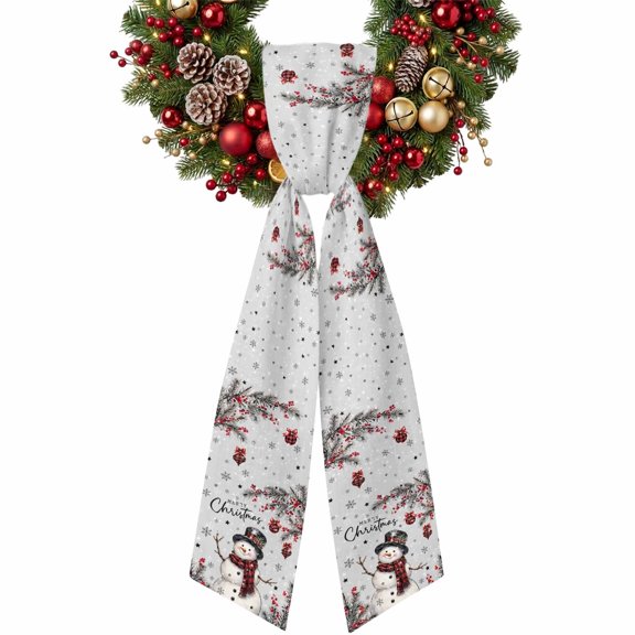 Christmas Snowman Wreath Sash for Front Door Red Plaid Scarf Pine Branch Fruit Snow Grey Ribbon Sash, Winter Holiday Wreath Accessories for Yard Porch Doorway Decor , Indoor Outdoor, 4.9 x 56 Inches