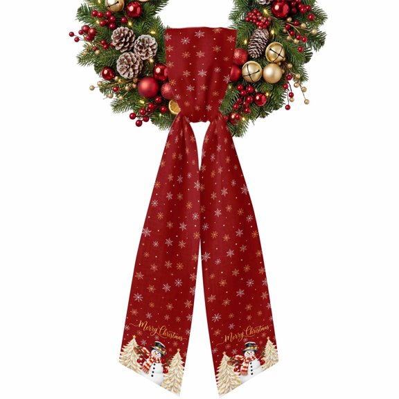 Christmas Snowman Wreath Sash for Front Door Snowman Golden Xmas Trees Snowing Red Ribbon Sash, Winter Holiday Wreath Accessories for Yard Porch Doorway Decor , Indoor Outdoor, 4.9 x 56 Inches