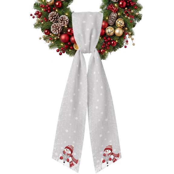 Christmas Snowman Wreath Sash for Front Door Winter Farmhouse Red Stripe Scarf Grey Snowflake Ribbon Sash, Winter Holiday Wreath Accessories for Yard Porch Doorway Decor , 4.9 x 56 Inches