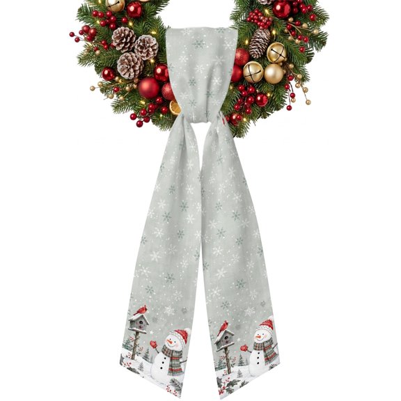 Christmas Snowman Wreath Sash for Front Door Winter Grey Pine Tree Birdhouse Snowflake Bird Ribbon Sash, Winter Holiday Wreath Accessories for Yard Porch Doorway Decor , 4.9 x 56 Inches