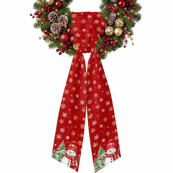 Christmas Snowman Wreath Sash for Front Door Winter Red Snowman Pine Trees Snowflakes Ribbon Sash, Winter Holiday Wreath Accessories for Yard Porch Doorway Decor , Indoor Outdoor, 4.9 x 56 Inches