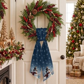 Christmas Snowman Wreath Sash for Front Door, Winter Whimsical Top Hat Snowman Plaid Scarf Bird Sash for Wreath, Home Decor Wall Window Porch Decoration Indoor Outdoor 4.5'' x 56''