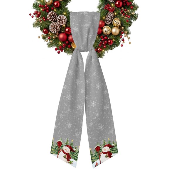 Christmas Snowman Wreath Sash for Front Door Xmas Tree Forest Snowflake Winter Grey Ribbon Sash, Winter Holiday Wreath Accessories for Yard Porch Doorway Decor , Indoor Outdoor, 4.9 x 56 Inches