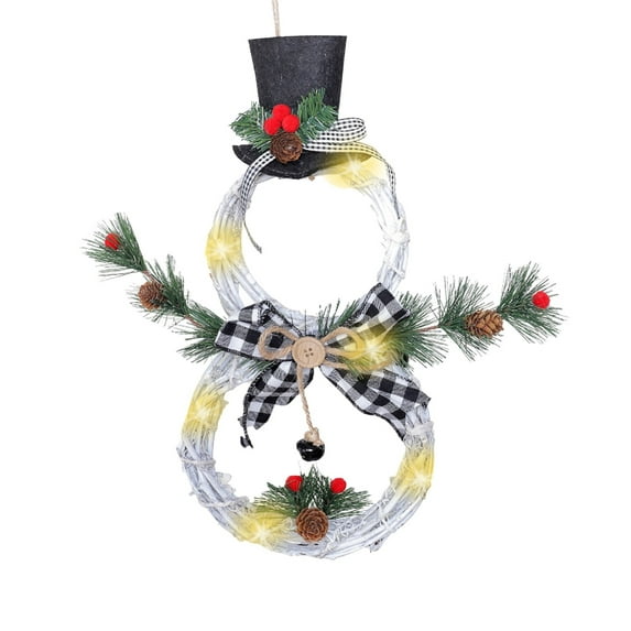 Christmas Snowman Wreath for Front Door, LED Lighted Xmas Snowman Rattan Hanging Ornament, Holiday Party Decor