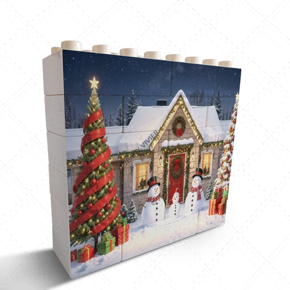 Christmas Snowman and Cabin Picture Home Office Desk Shelf Table Decoration Creative Building Blocks Puzzles Christmas Birthday Housewarming Gift