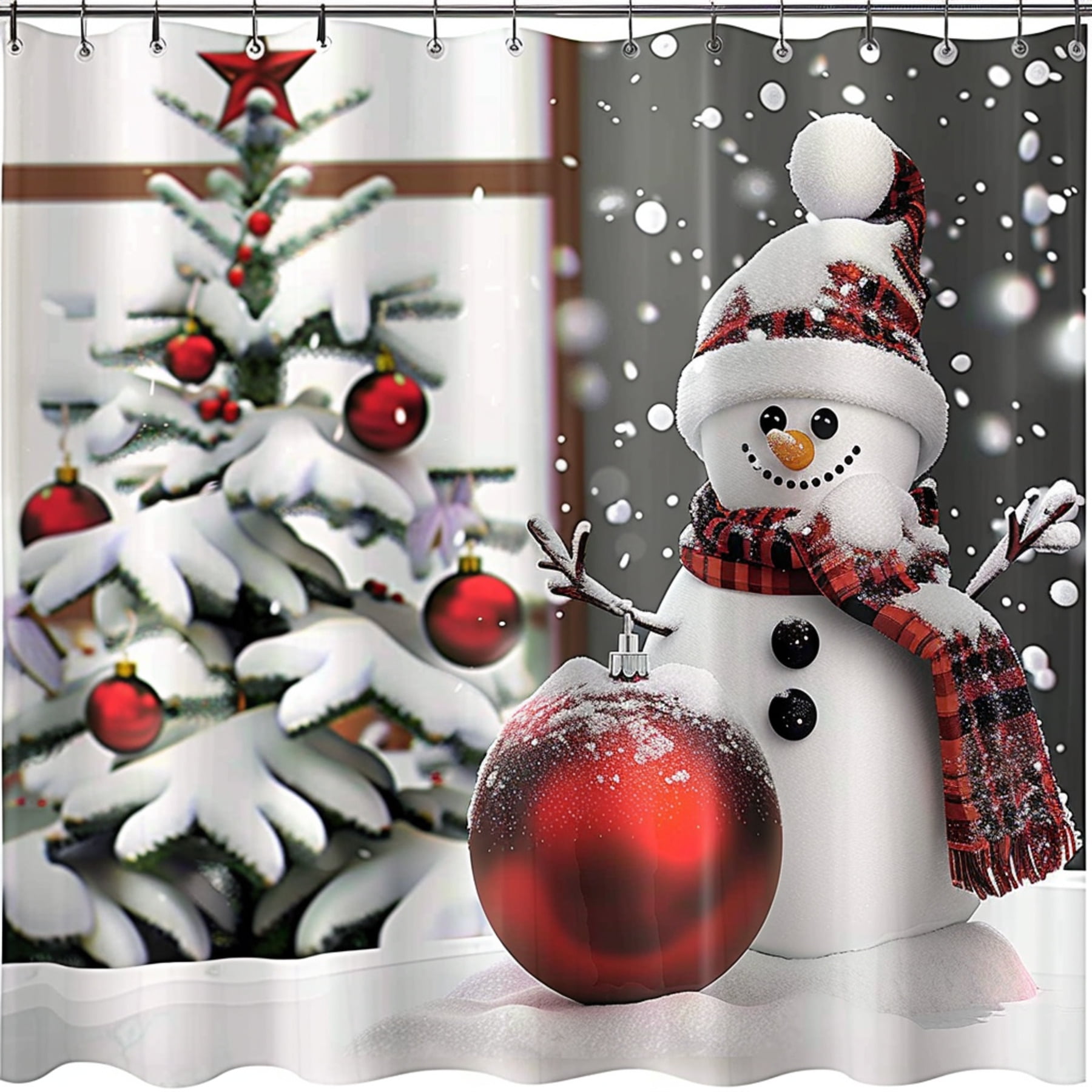 Christmas Snowman and Red Ball Bathroom Shower Curtain Festive Holiday ...