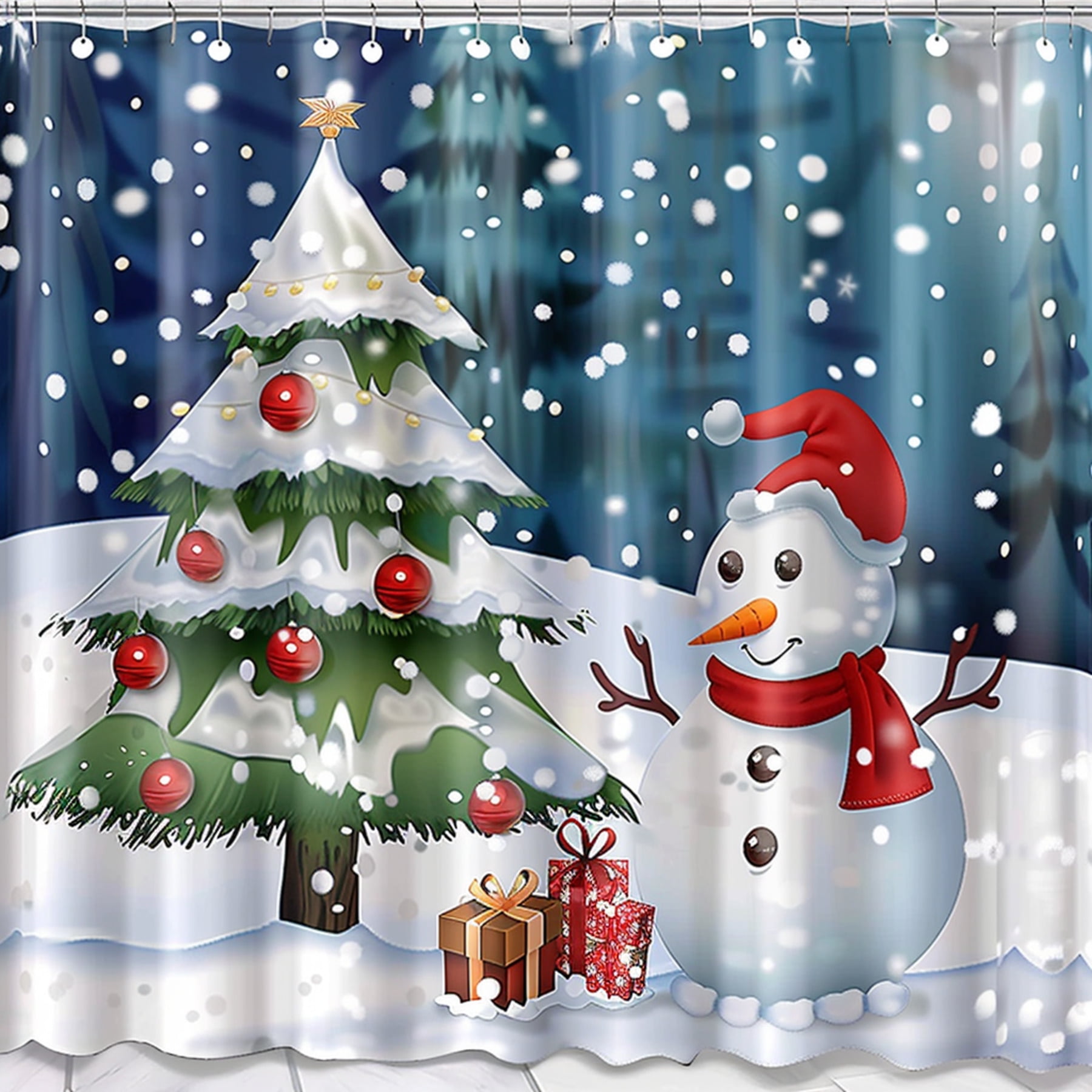 Christmas Snowman and Tree Bathroom Shower Curtain Festive Holiday
