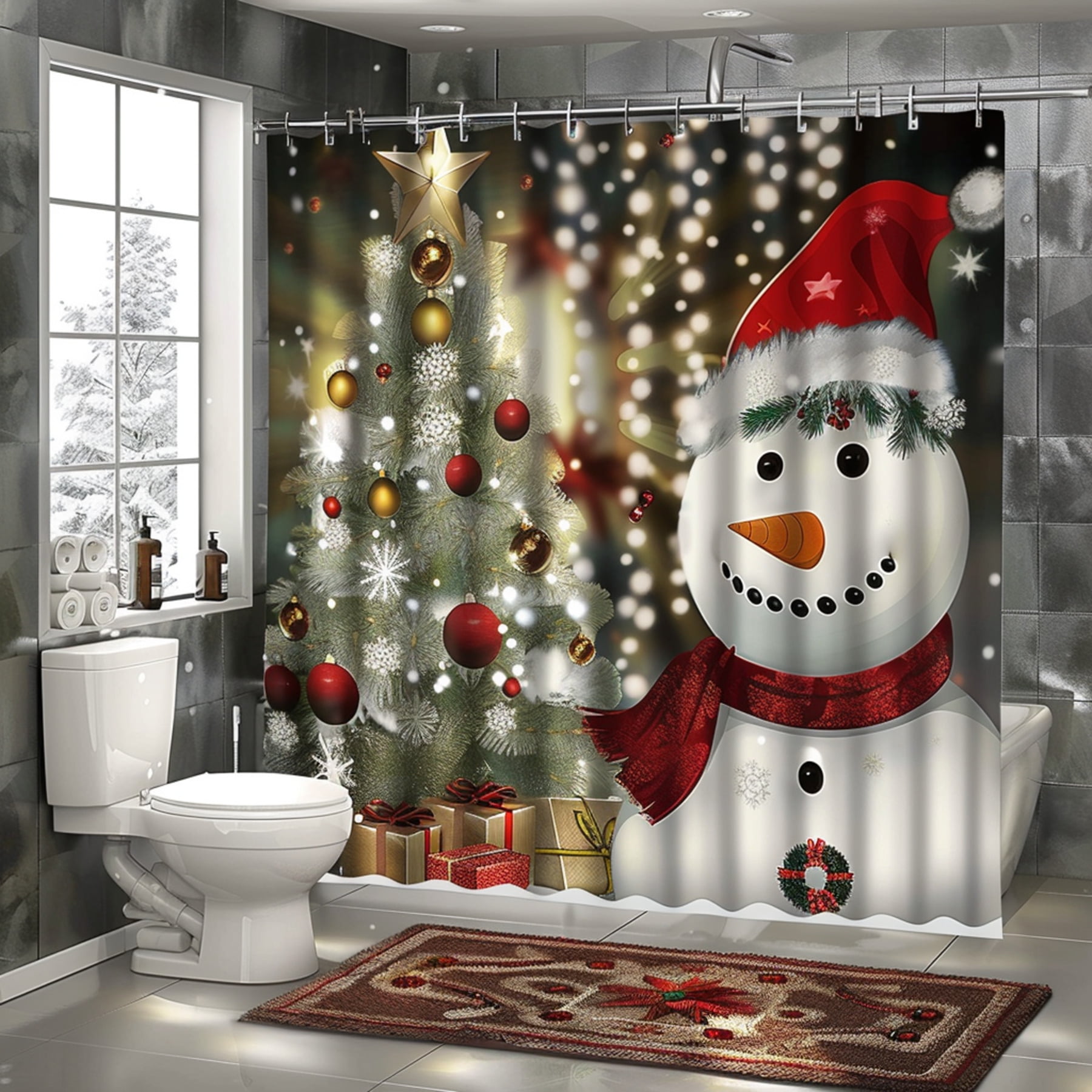 Christmas Snowman and Tree Shower Curtain Set with Golden Lights