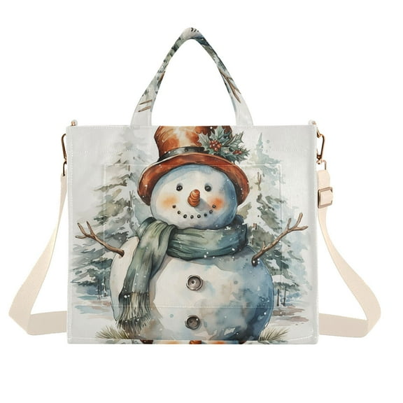 Christmas Snowman and Trees Corduroy Tote Bag Handbag Large Messenger Bag Shoulder Crossbody Zipper Bag Purse