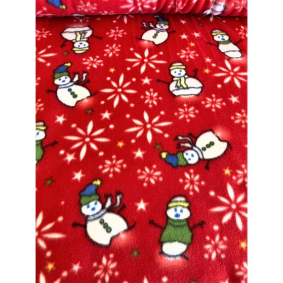 Christmas Snowman on Red Fleece Print Fabric 58”/60” Sold by the Yard