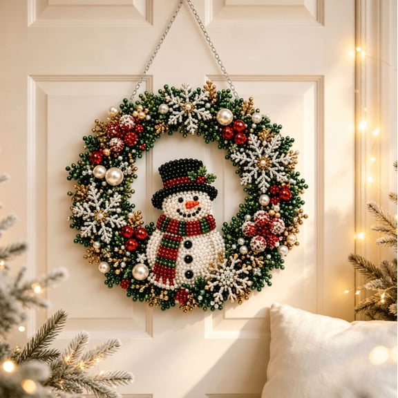 Christmas Snowman owman Beaded Wreath DIY Kit, Festive Pearl Bead Handcraft Project, No Extra Materials Needed, Suitable for Beginner Crafters, Produce Lovely Ornament for Front Door Holiday Display