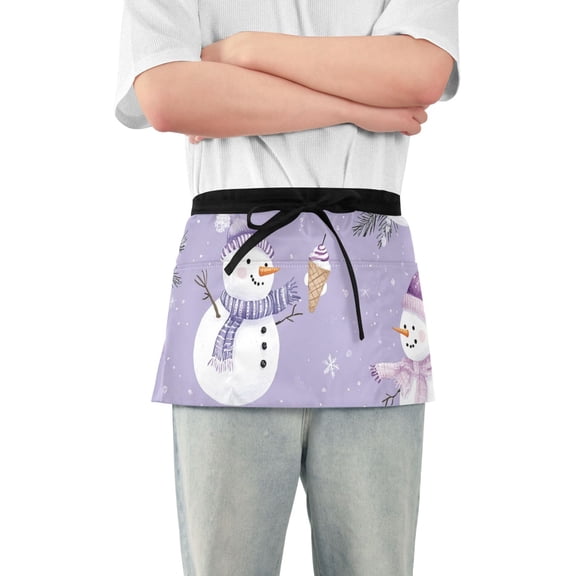 Christmas Snowman with Ice Cream Short Server Apron with 3 Pockets for Unisex Chef Gardening
