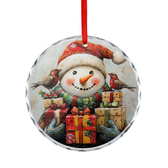 Christmas Snowman with Presents Crystal Glass Ornament Holiday Decor And Xmas Gifts Ideas Merry Christmas Hello Winter Christmas Ornament Round Glass