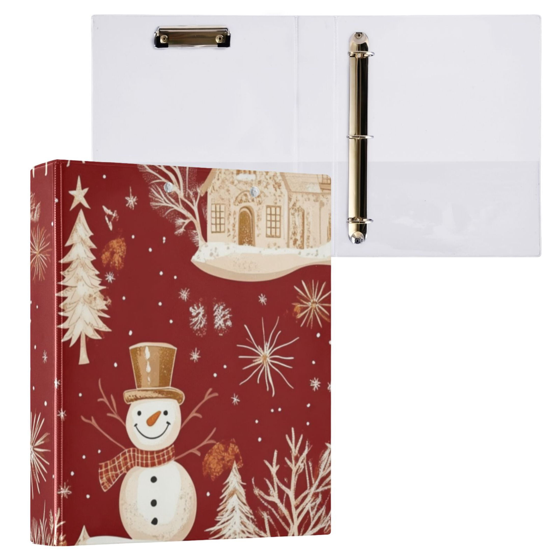 Christmas Snowmans Houses Red 3 Ring Binders 1.5 inch Hardcover File Folders with Interior Pockets A4 Size Organizer for School Office Hospital Set of 2