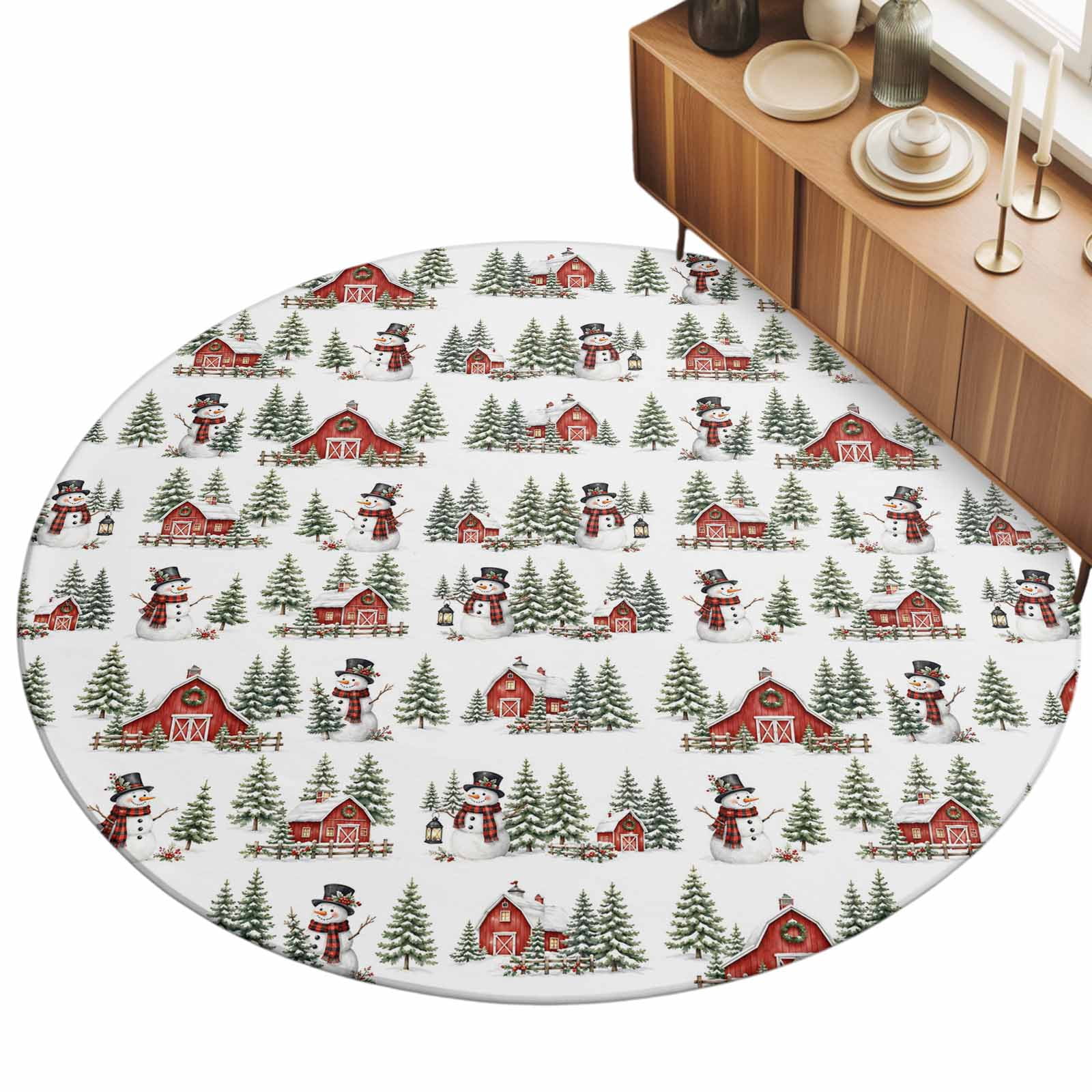 Christmas Snowmen Area Rug 8', Winter Red Farmhouse Green Forest Pine ...