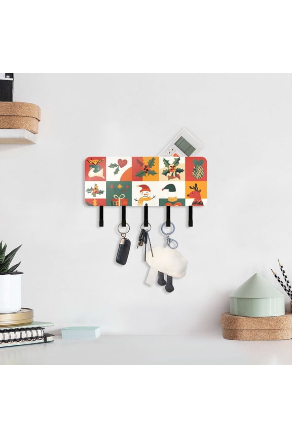 Christmas Snowmen Deers Squares Key Holder for Wall Mail Holder Organizer with 5 Key Hooks Wall Mount Key Rack with Shelf