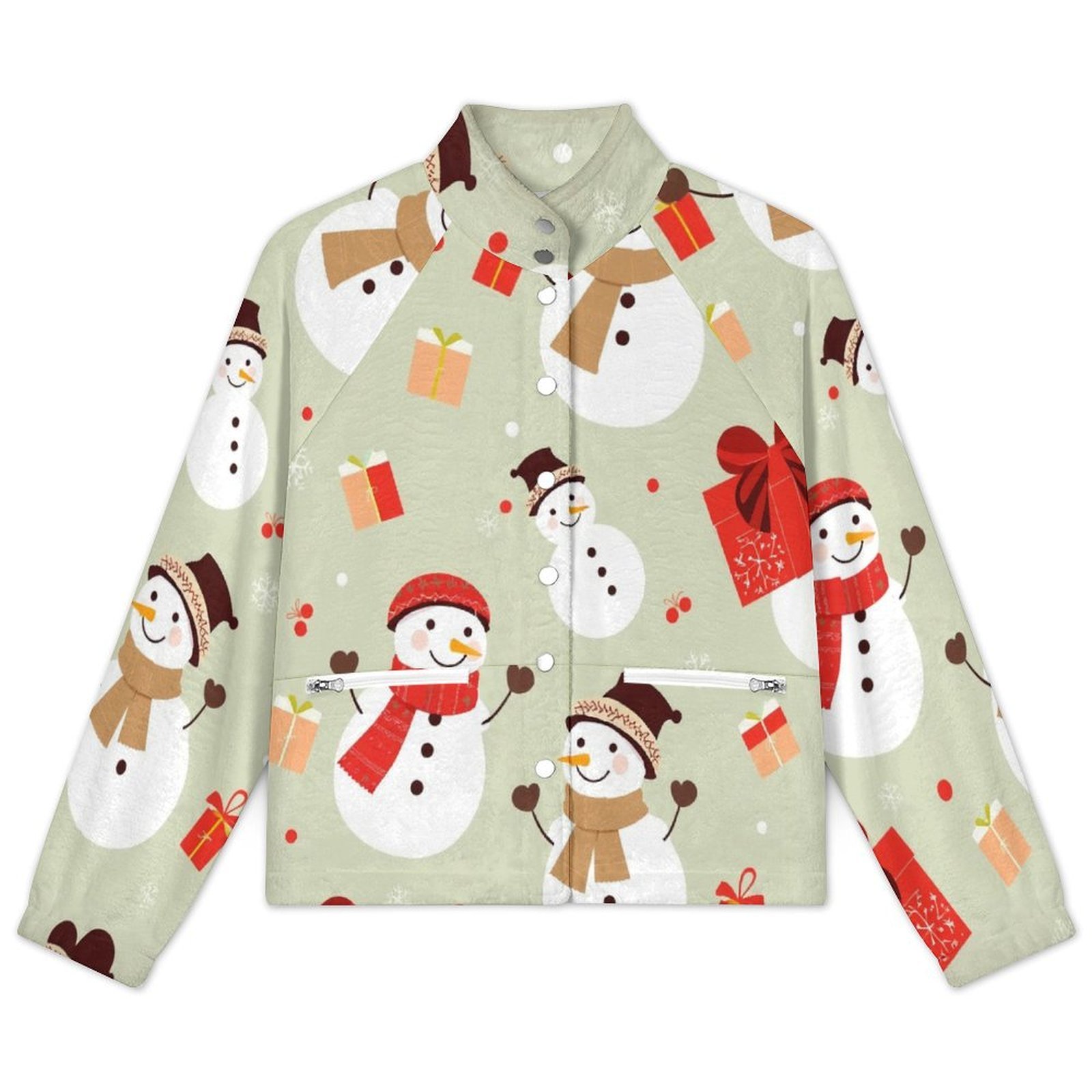 Fairisle Christmas Snowman Pattern Print Women Casual Bomber Jacket