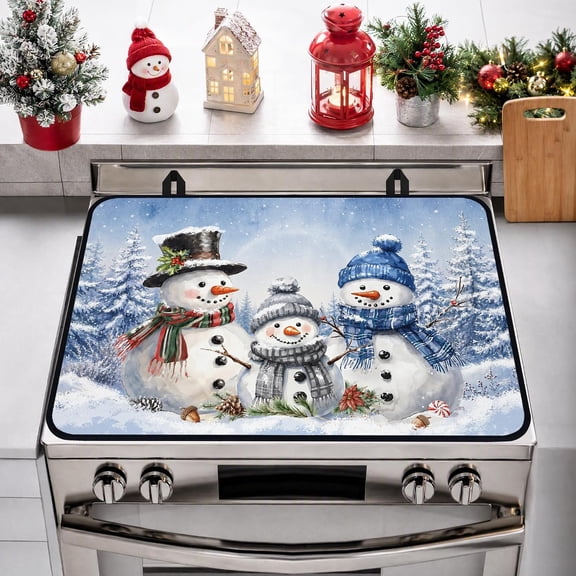 Christmas Snowmen Glass Stove Top Cover 28" x 20", Winter Snowy Pine Forest Heat Resistant Electric Stove Cover Protector, Non-Slip Rubber Flat Cooktop Cover Mat, Winter Christmas Kitchen Decorations