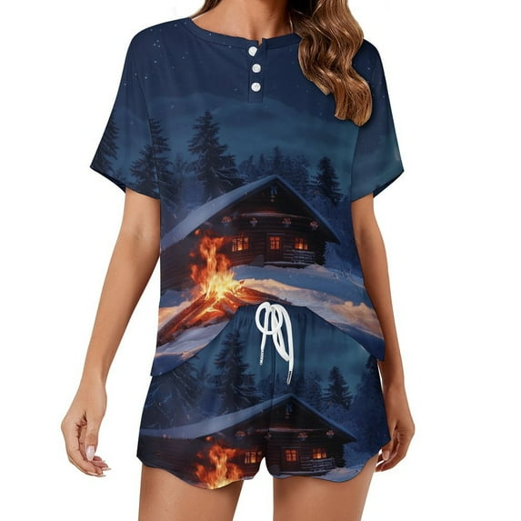 Christmas Snowmen Pajama Set for Women 2 Piece Sleepwear Loungewear Short Sleeve